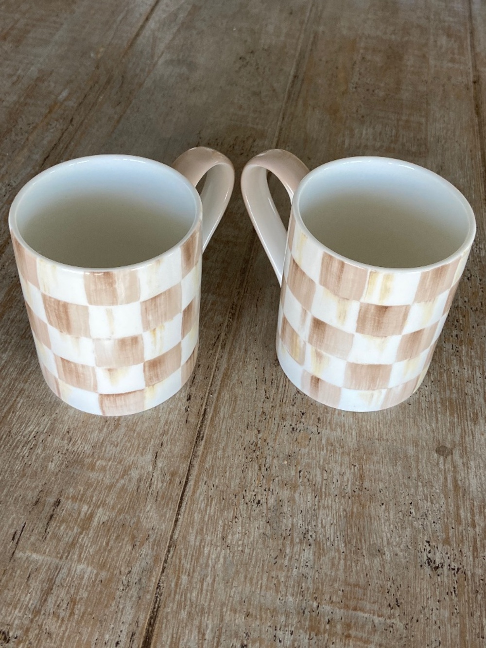 Mackenzie-Childs Mocha Check Mugs, Set of 2